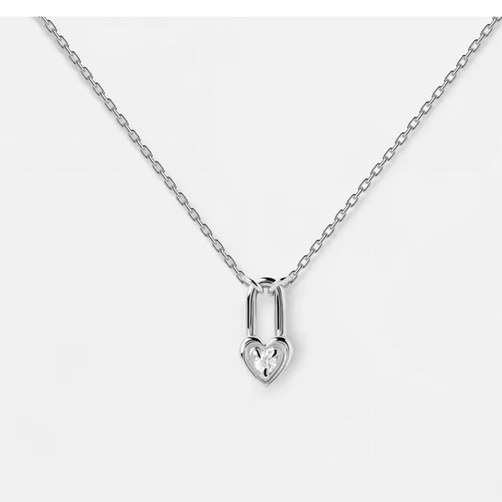 NEW White Gold‎ Filled Heart Lock Diamond Simulate Pendant Necklace